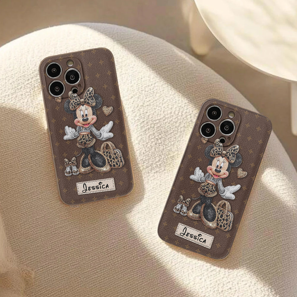 Chic Leopard Print & Bow Mouse - Personalized Mouse Leather Phone Case