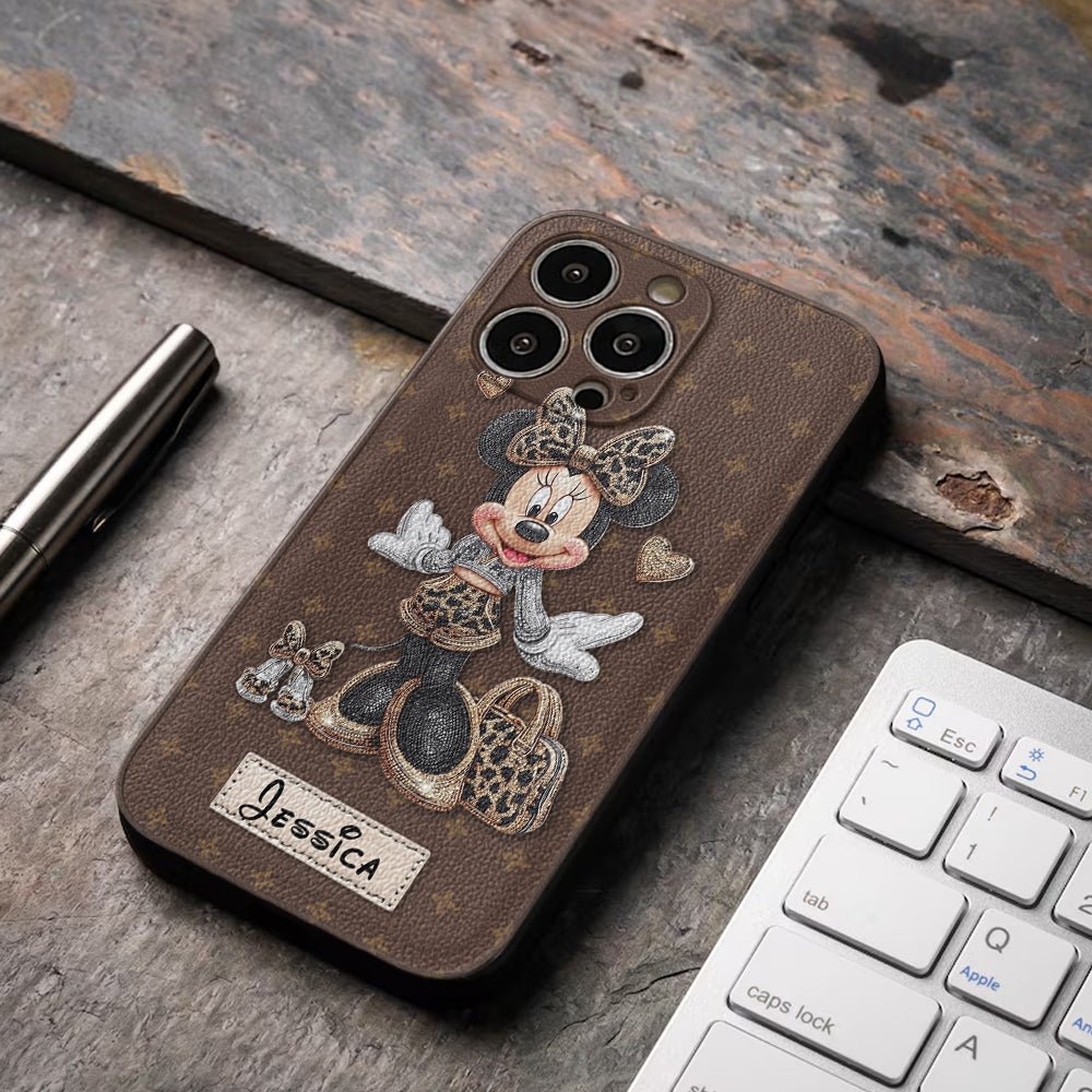 Chic Leopard Print & Bow Mouse - Personalized Mouse Leather Phone Case