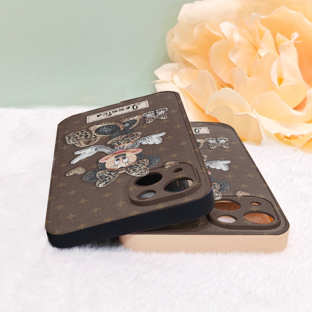 Chic Leopard Print & Bow Mouse - Personalized Mouse Leather Phone Case