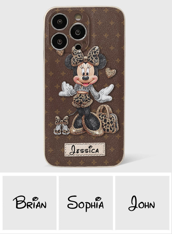 Chic Leopard Print & Bow Mouse - Personalized Mouse Leather Phone Case