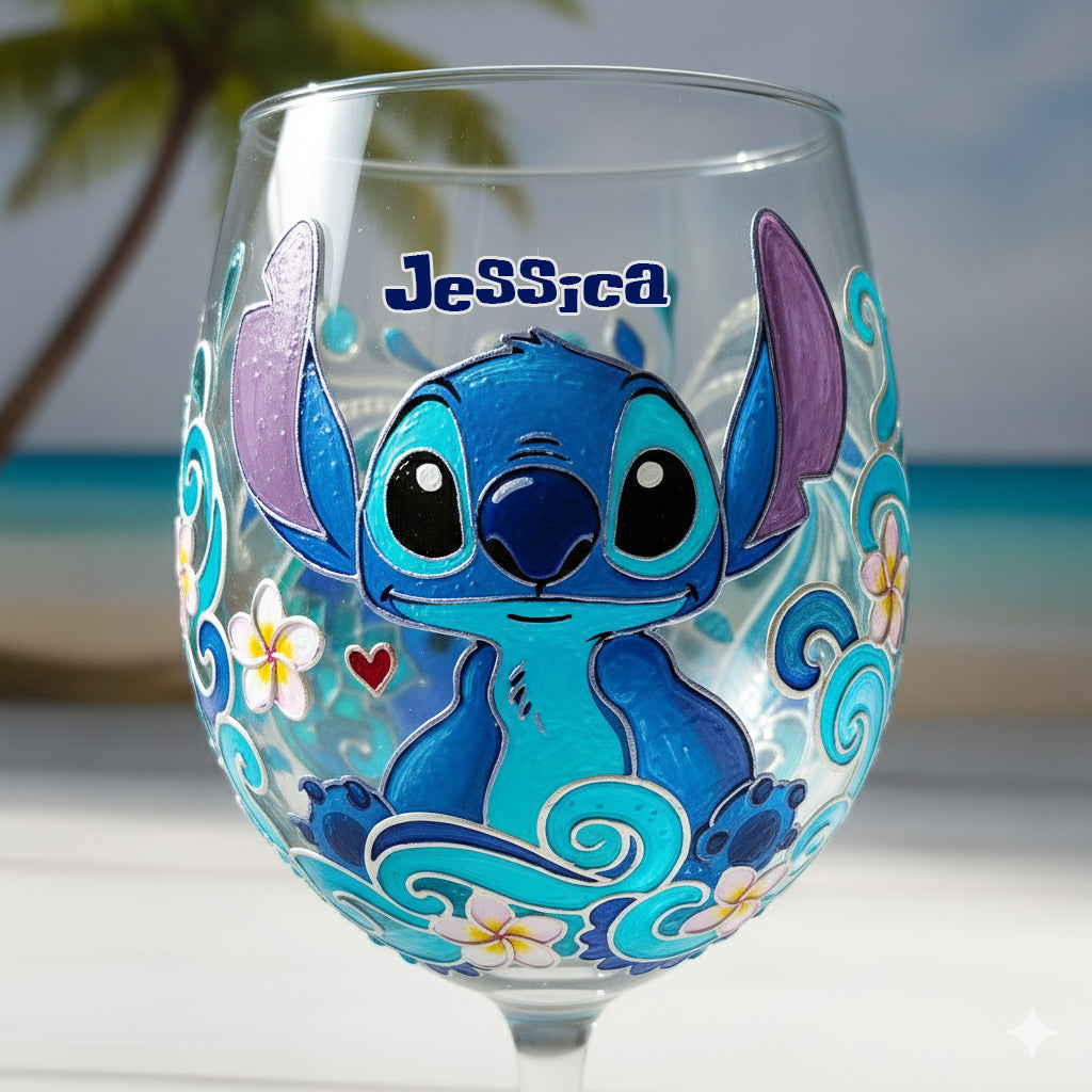 Cute Blue Monster - Personalized Ohana Wine Glass With Long Stem