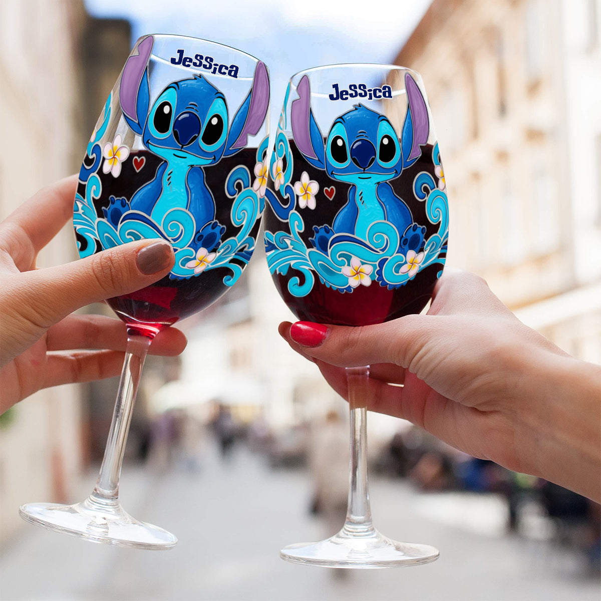 Cute Blue Monster - Personalized Ohana Wine Glass With Long Stem