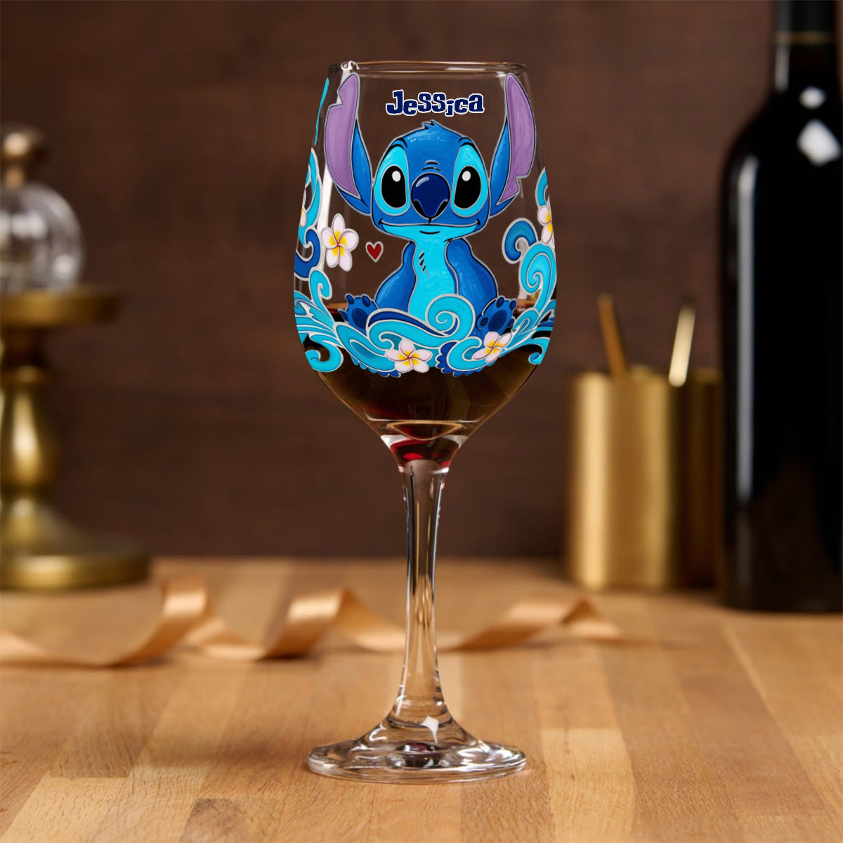 Cute Blue Monster - Personalized Ohana Wine Glass With Long Stem