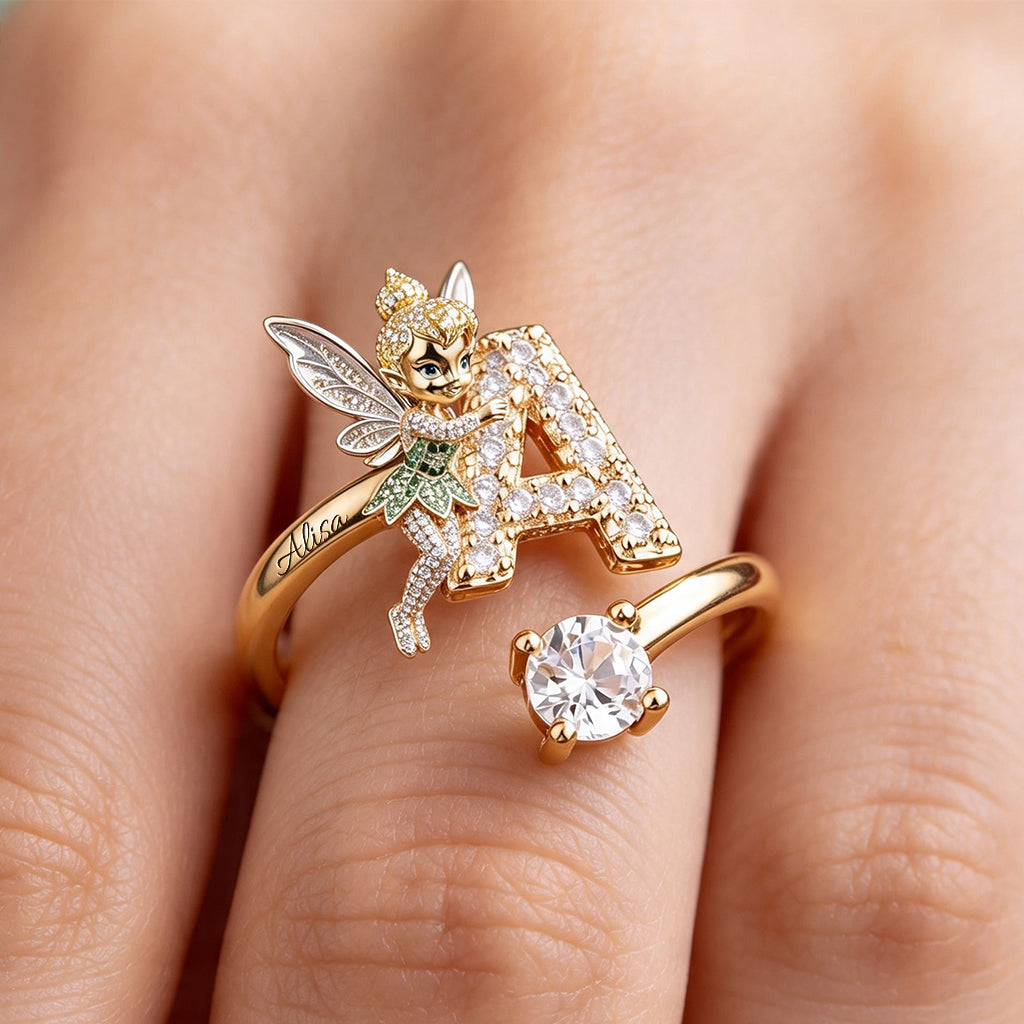 Fairy Holding Love Letter - Personalized Flying Fairy Adjustable Shaped Ring