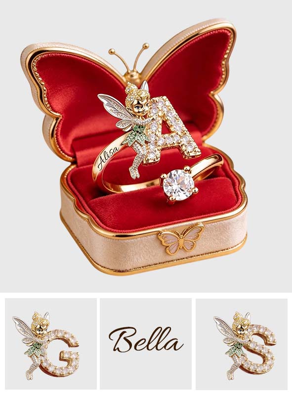 Fairy Holding Love Letter - Personalized Flying Fairy Adjustable Shaped Ring