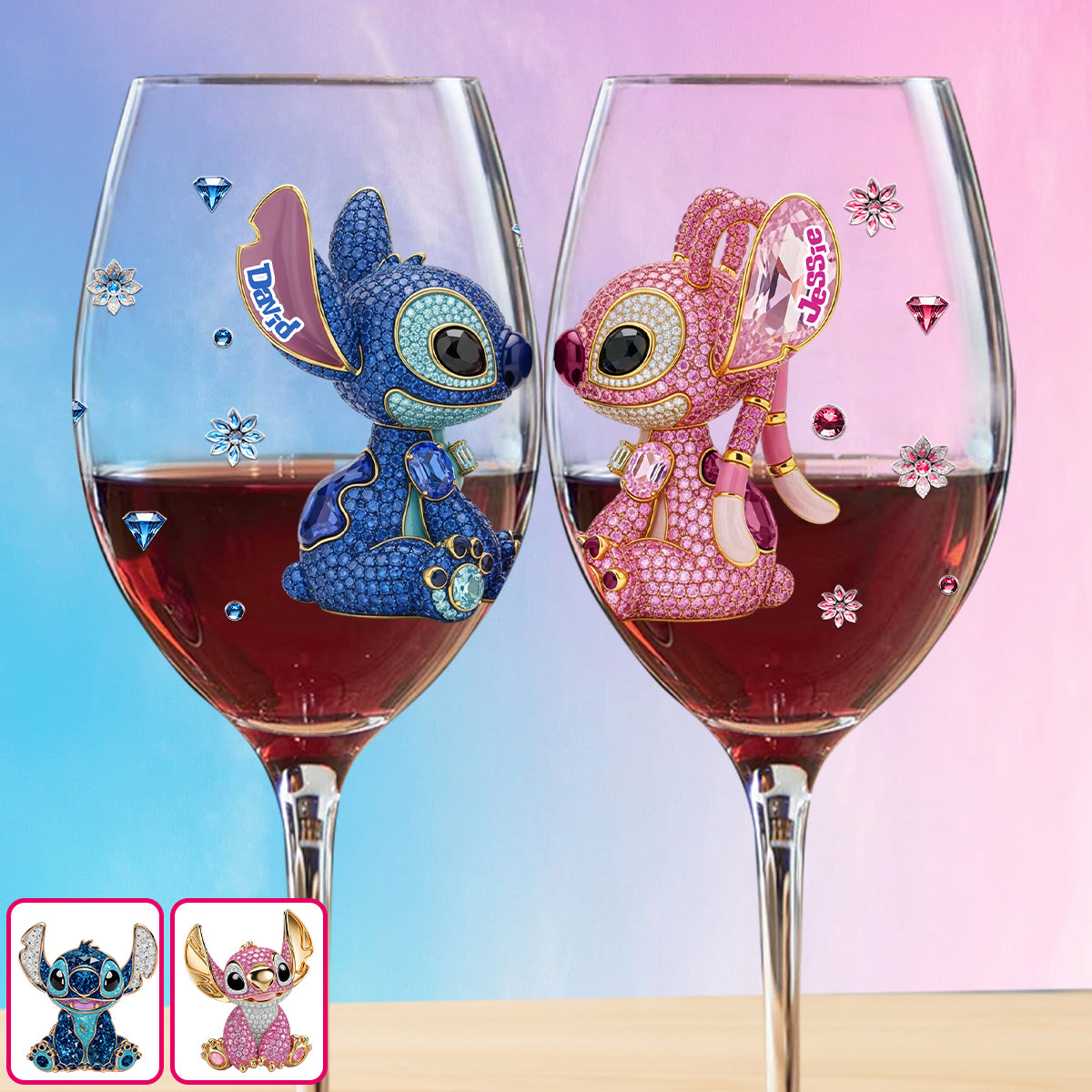 Blue And Pink Ohana - Personalized Ohana Wine Glass With Long Stem