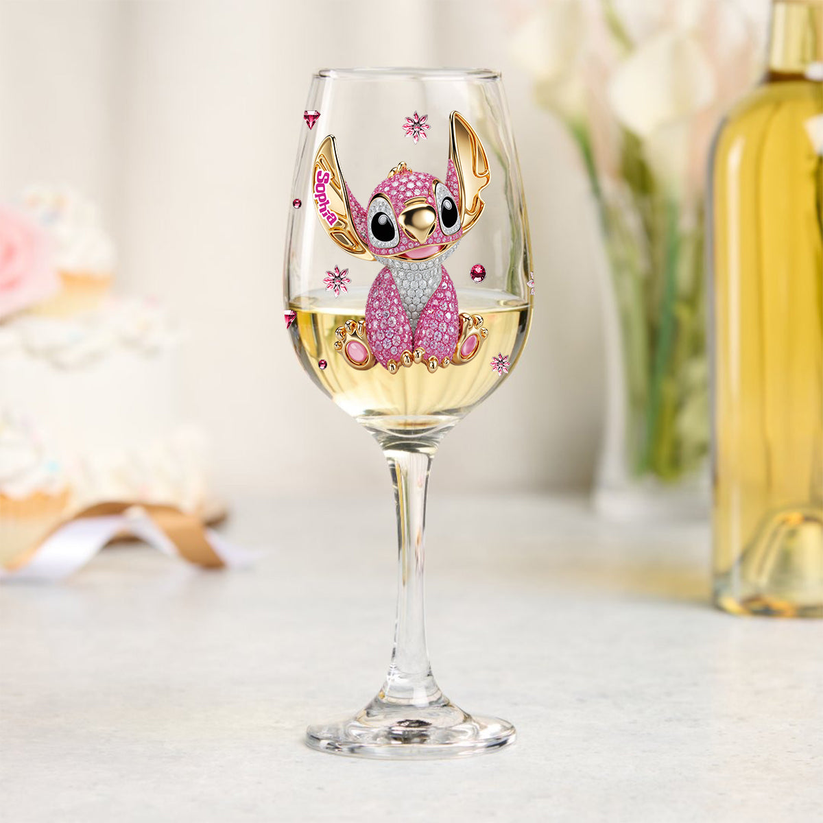 Blue And Pink Ohana - Personalized Ohana Wine Glass With Long Stem