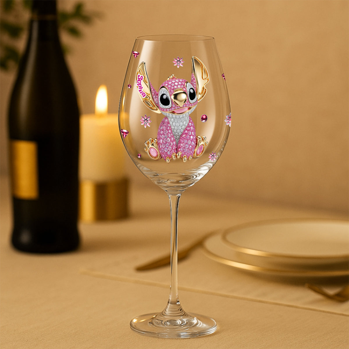 Blue And Pink Ohana - Personalized Ohana Wine Glass With Long Stem