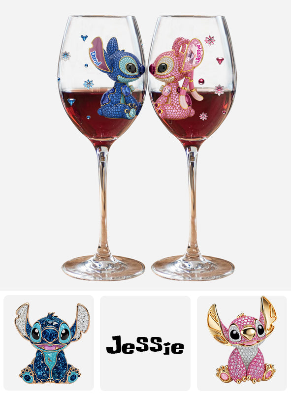 Blue And Pink Ohana - Personalized Ohana Wine Glass With Long Stem