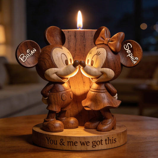 You & Me Mouse Couple - Personalized Mouse Custom Shape Wooden Candle Holder