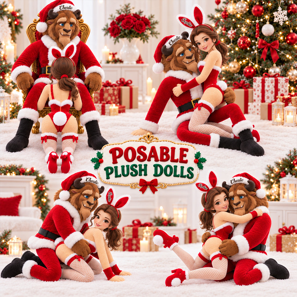 Naughty Christmas Bunny Girl & Furry Monster Couple - Personalized Beauty And The Beast Posable Plush Doll