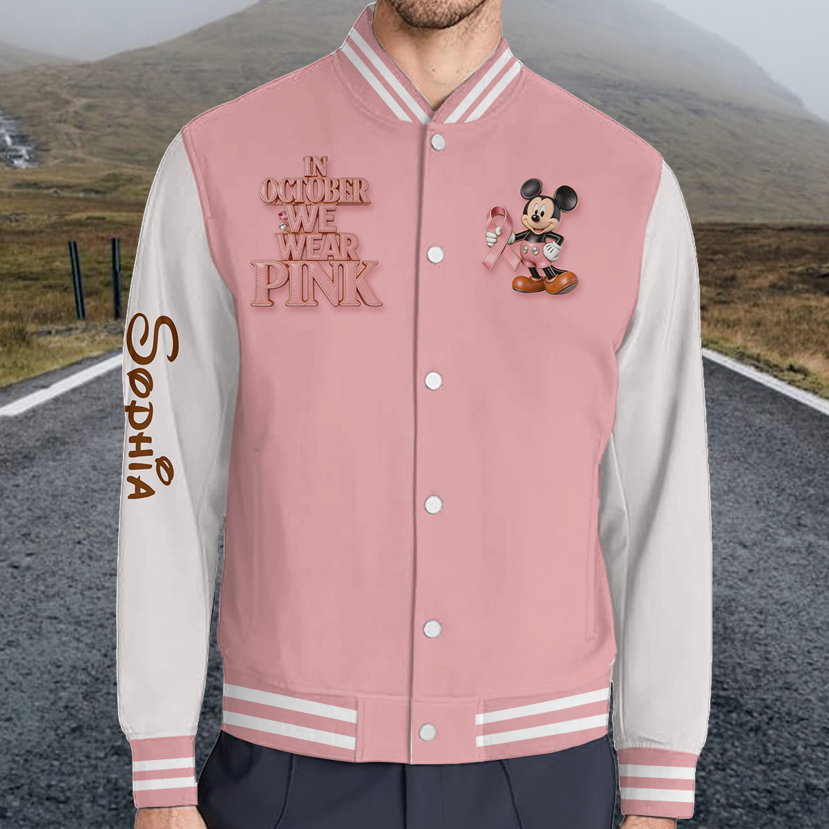 In October We Wear Pink - Personalized Breast Cancer Awareness Varsity Jacket