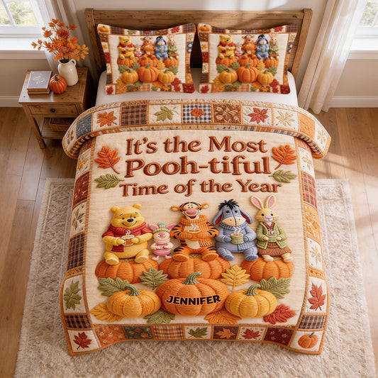 Honey Bear Autumn Vibes - Personalized Yellow Bear Quilt Set