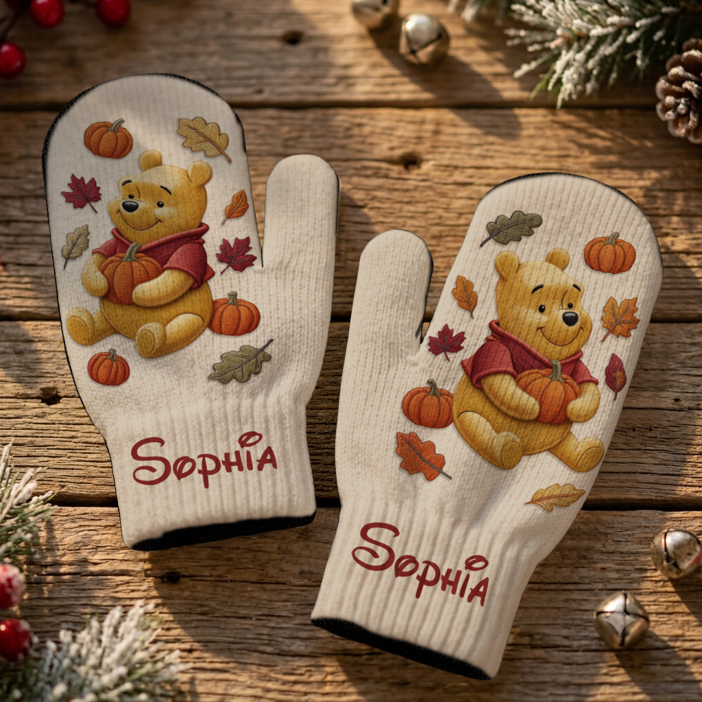 Happy Autumn - Personalized Yellow Bear Beanie Hat & Knitted Mittens