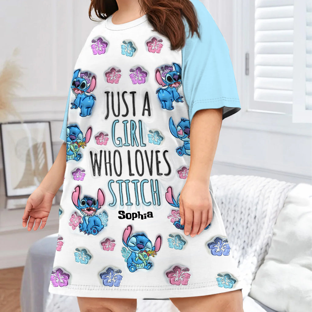 Just A Girl Who Loves Stitch - Personalized Ohana Sleep T-shirt Dress