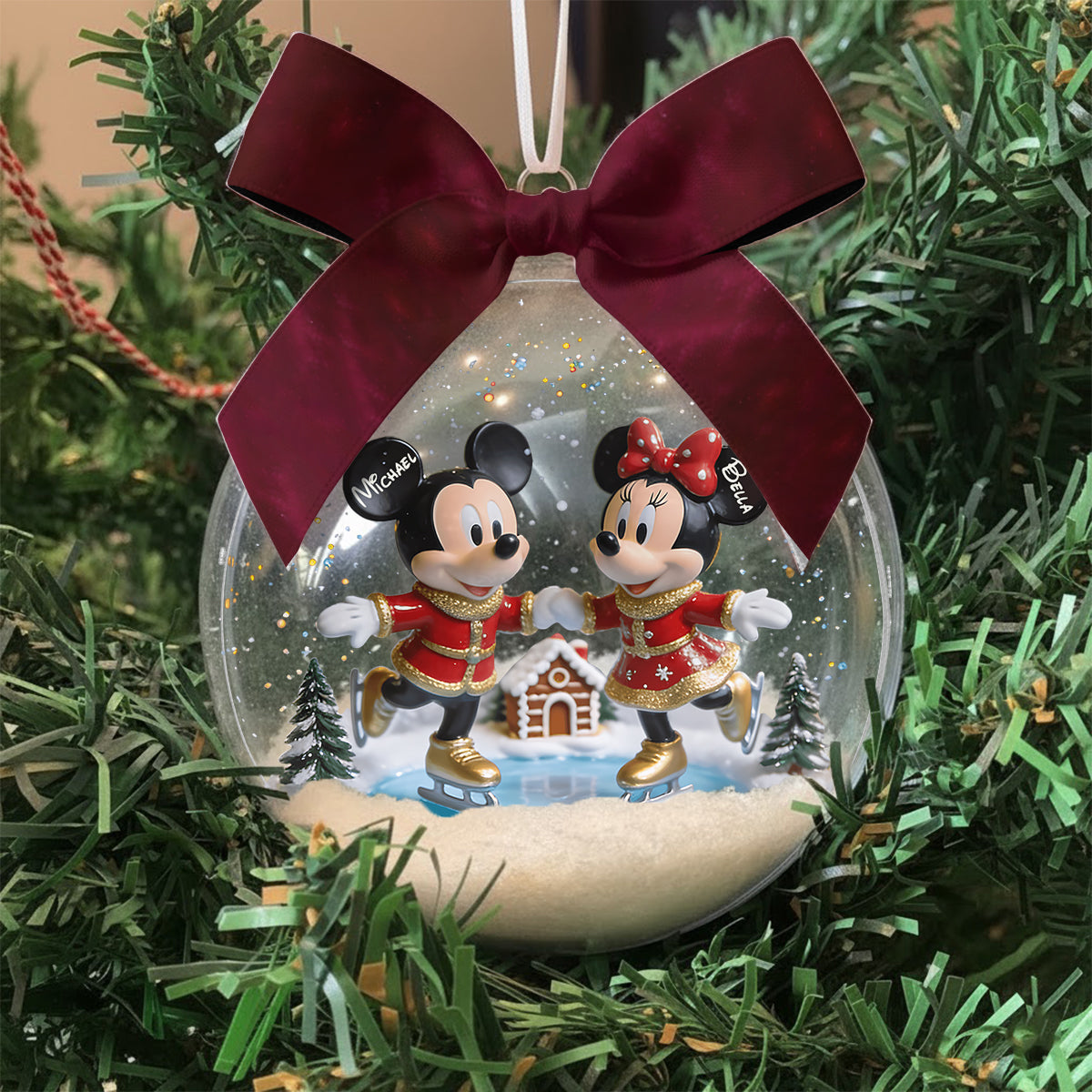 Merry Christmas - Personalized Mouse Snow Globe Ornament With Bow