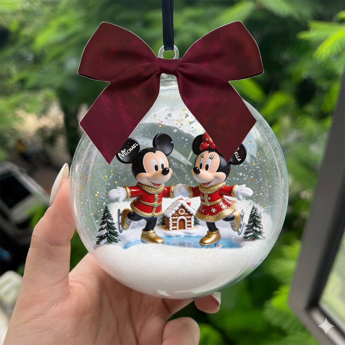 Merry Christmas - Personalized Mouse Snow Globe Ornament With Bow