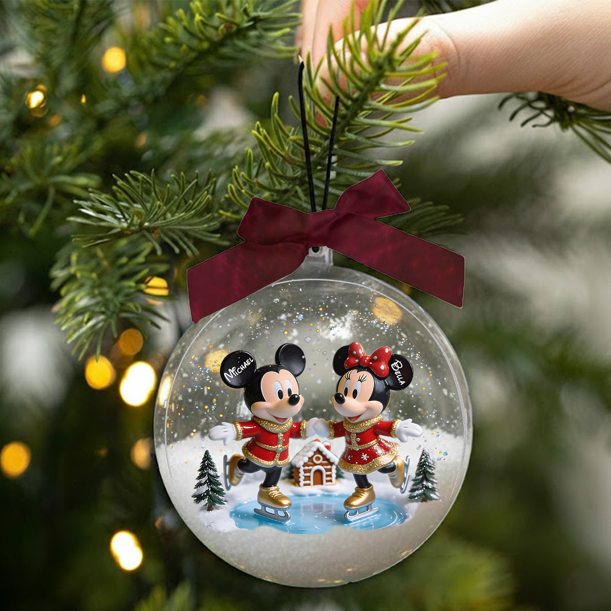 Merry Christmas - Personalized Mouse Snow Globe Ornament With Bow