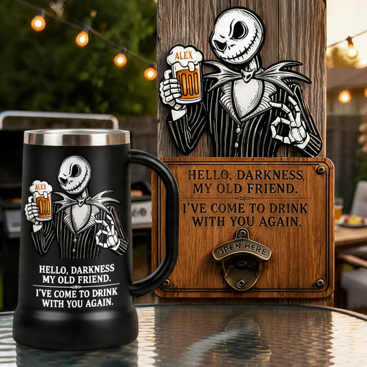 Hello Darkness My Old Friend Nightmare Beer Lovers - Personalized Nightmare Beer Stein & Wall Bottle Opener