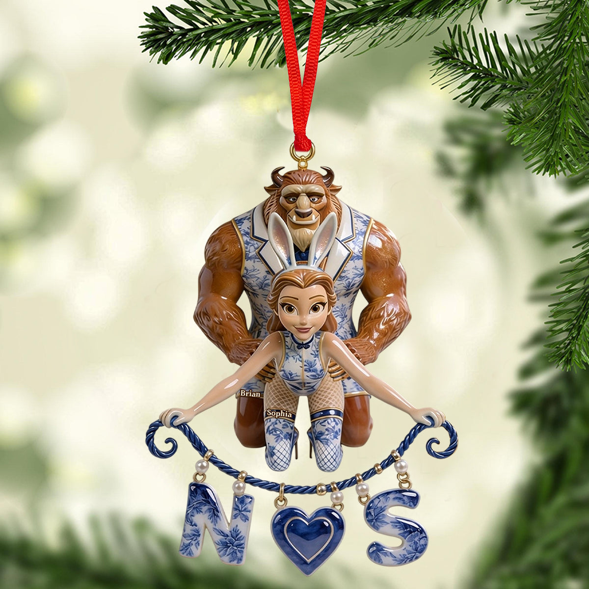 Naughty Fairytale Couple Toile de Jouy - Personalized Beauty And The Beast Ornament With Charm