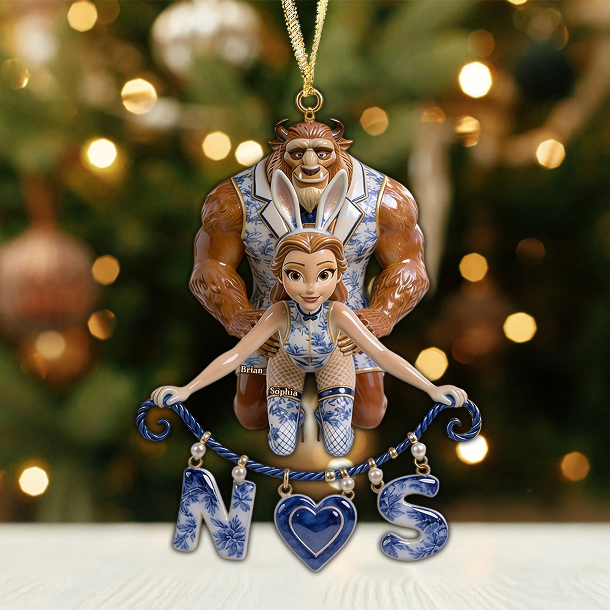 Naughty Fairytale Couple Toile de Jouy - Personalized Beauty And The Beast Ornament With Charm
