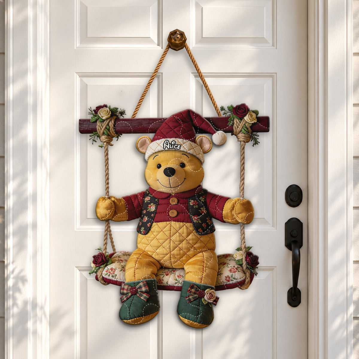 A Very Merry Swing - Personalized Yellow Bear Quilted Door Hanger