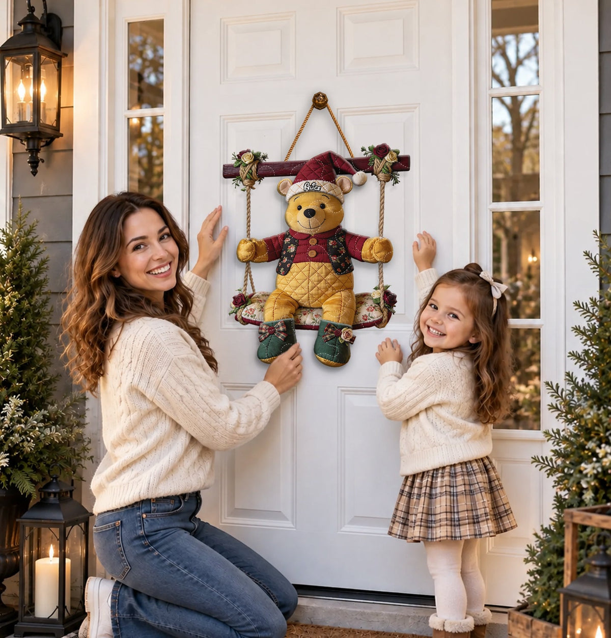 A Very Merry Swing - Personalized Yellow Bear Quilted Door Hanger