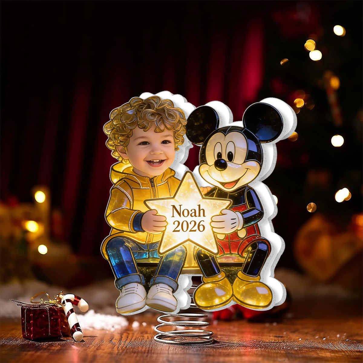 Kid And Character, Mouse, Bear, Ailen,.... - Personalized Kid LED Light Tree Topper
