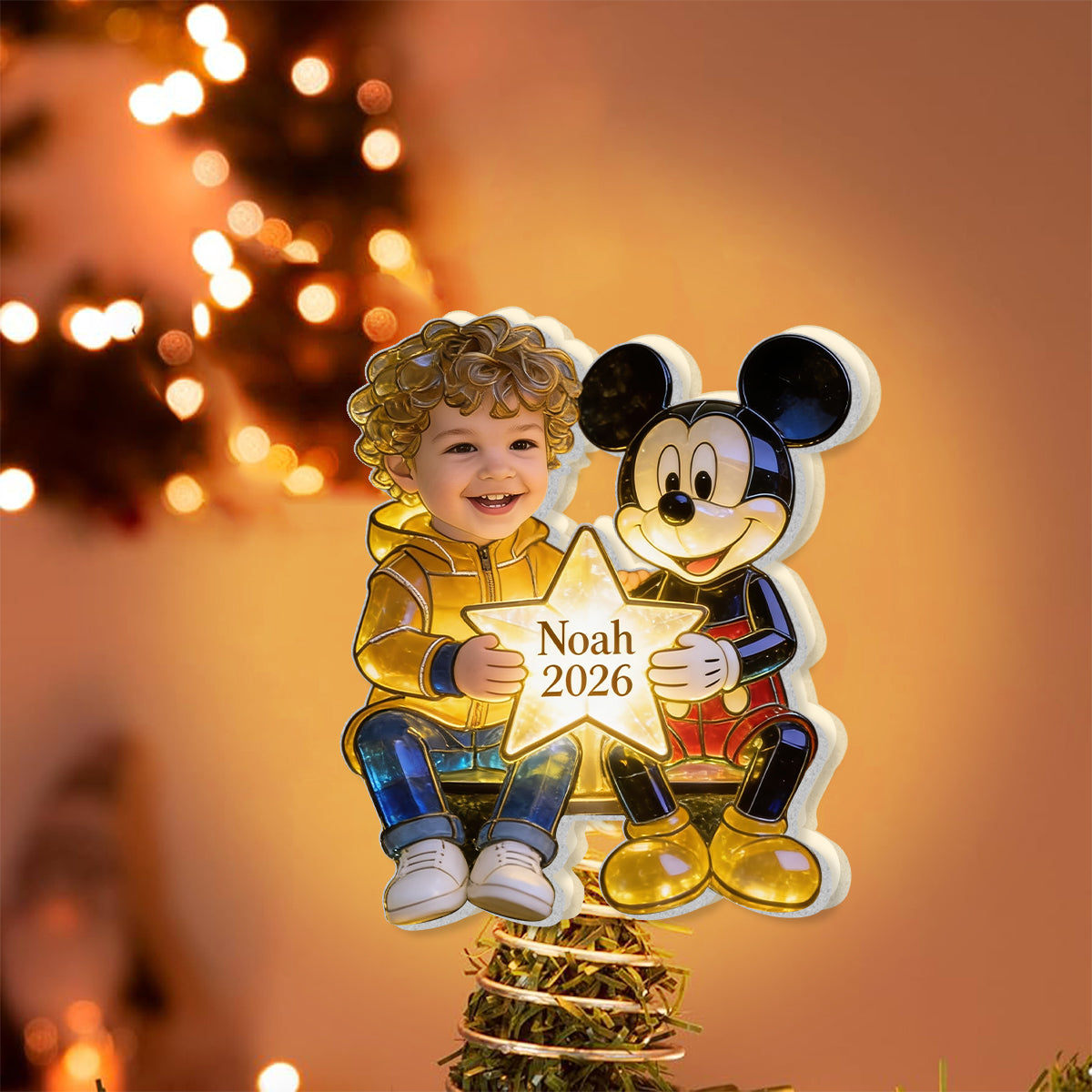 Kid And Character, Mouse, Bear, Ailen,.... - Personalized Kid LED Light Tree Topper