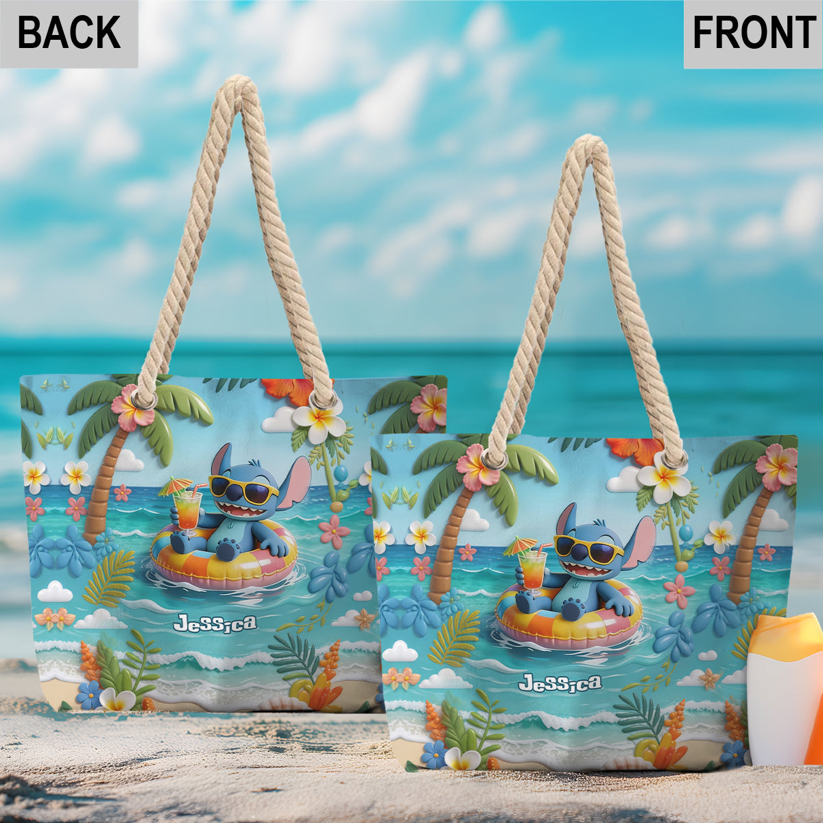 Blue Monster Summer Vibes - Personalized Ohana Beach Bag With Plush Charm