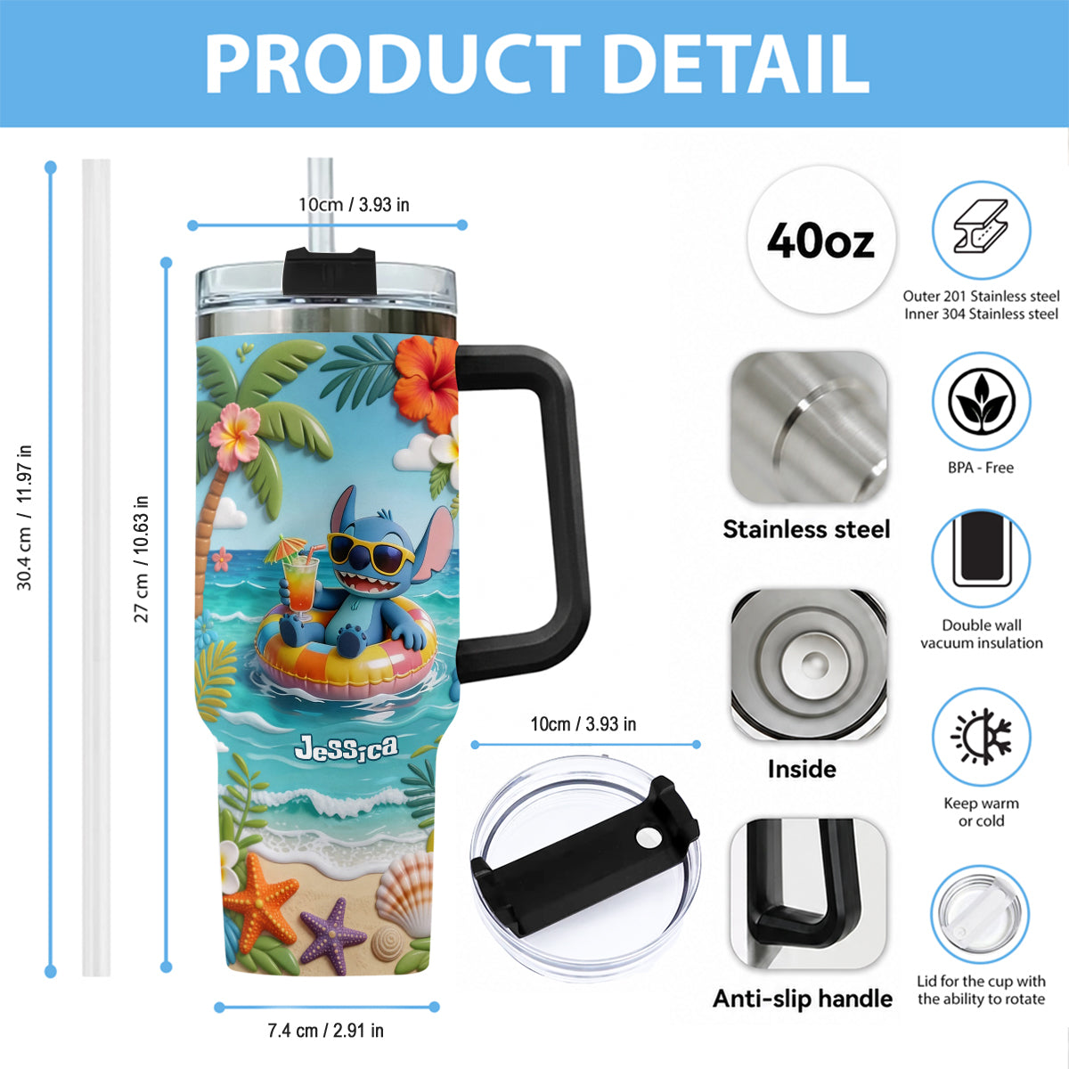 Blue Monster Summer Vibes - Personalized Ohana Tumbler With Plush Charm