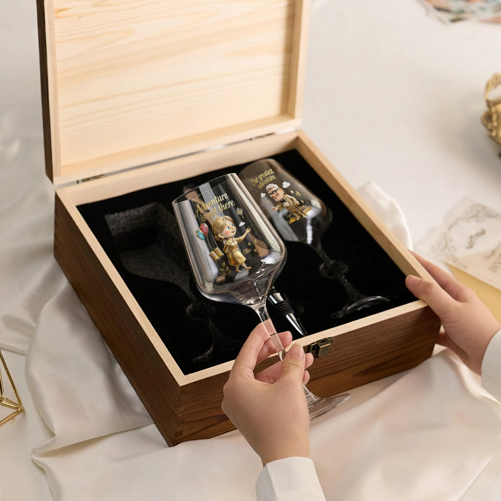 Our Greatest Adventure - Personalized Up Movie Couple Wine Glasses Set With Wooden Box