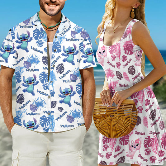Blue Ohana - Personalized Ohana Hawaiian Shirt & Sleeveless Dress