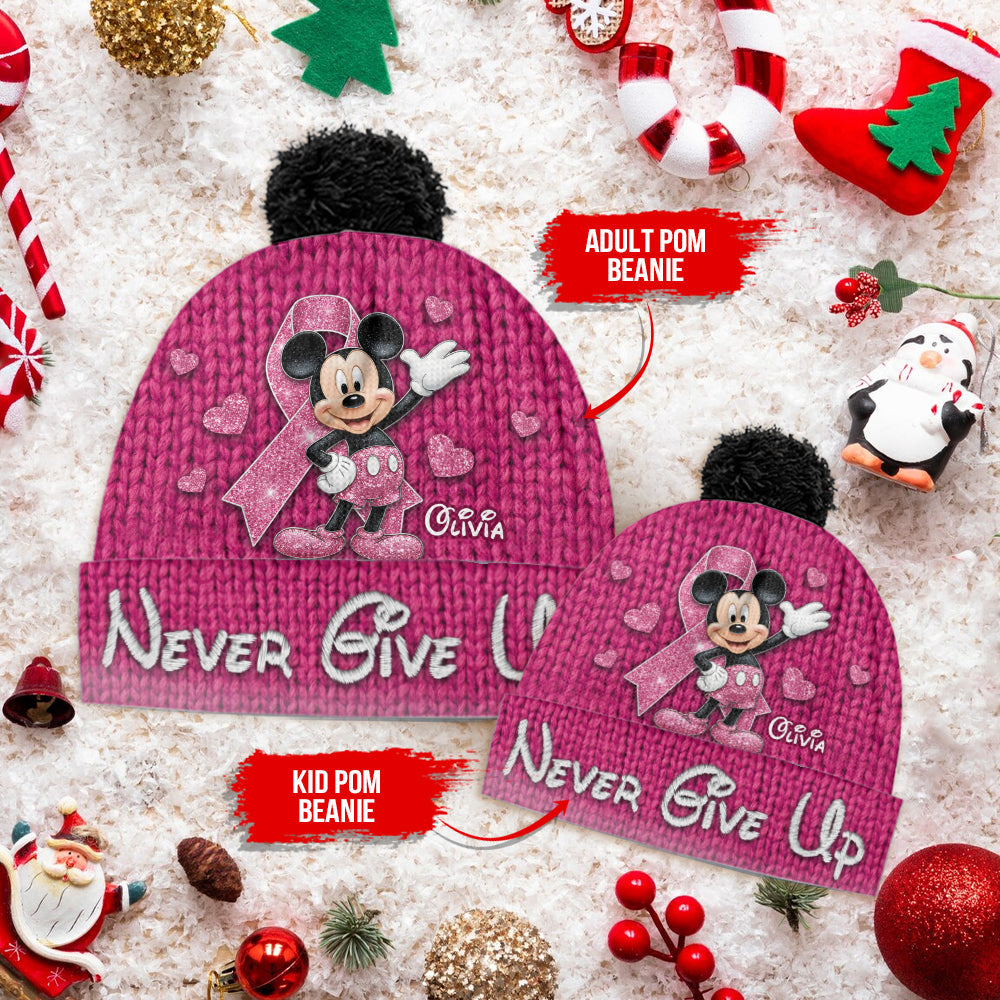 Never Give Up - Personalized Breast Cancer Awareness Beanie Hat