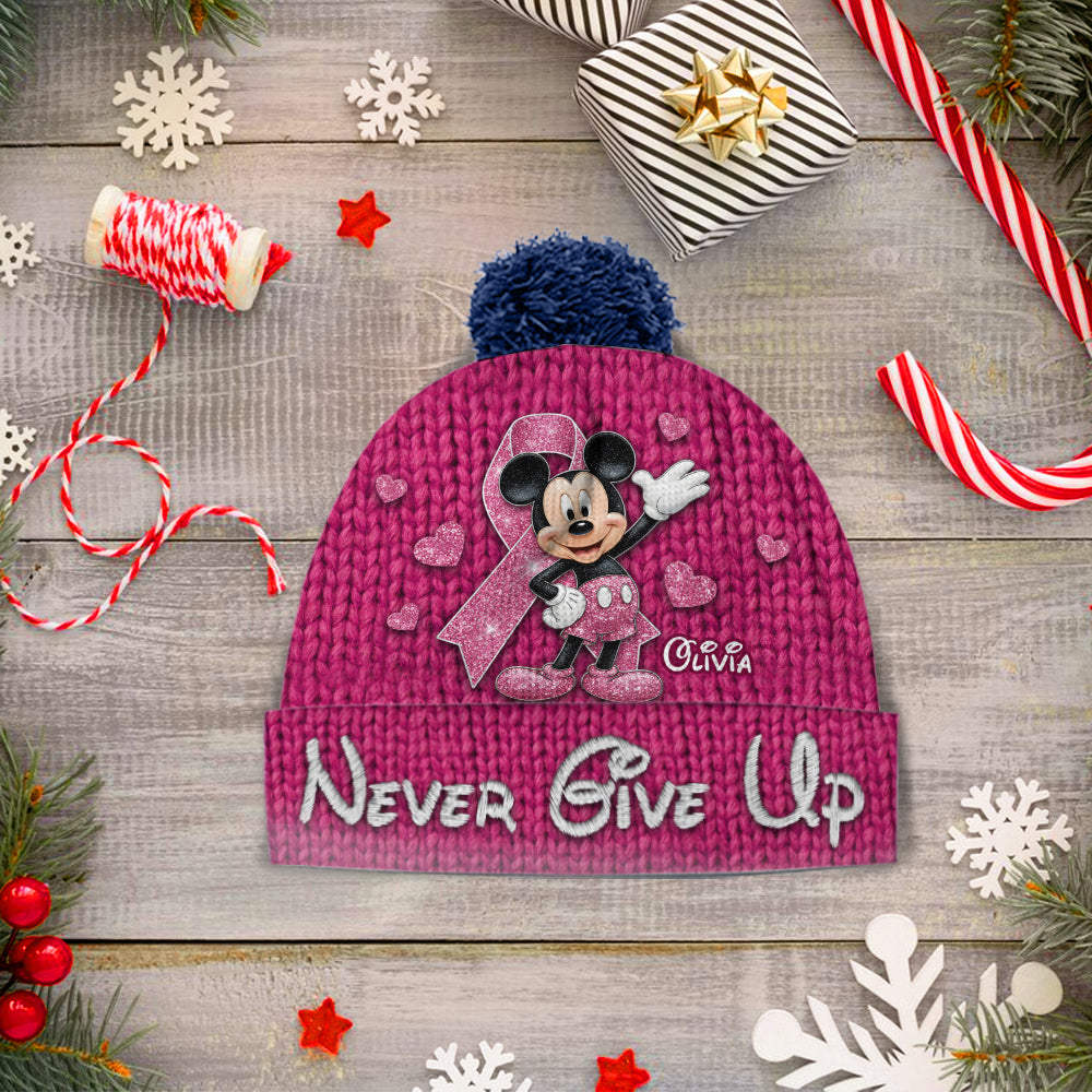 Never Give Up - Personalized Breast Cancer Awareness Beanie Hat