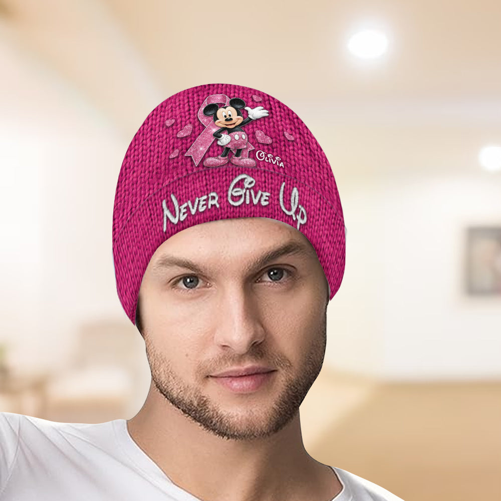 Never Give Up - Personalized Breast Cancer Awareness Beanie Hat