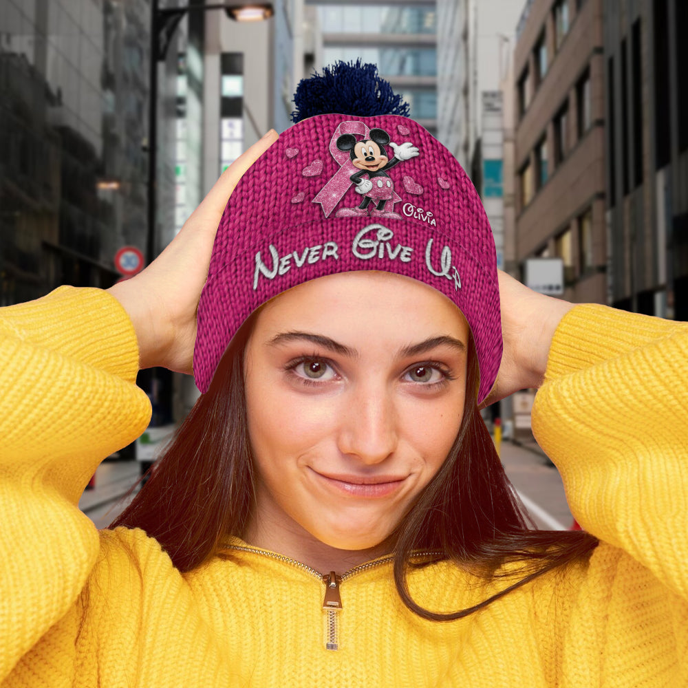 Never Give Up - Personalized Breast Cancer Awareness Beanie Hat