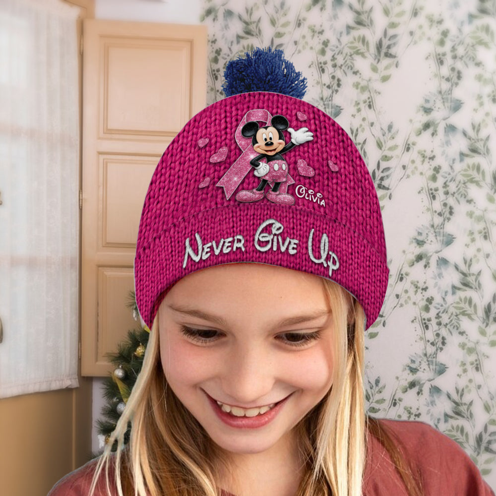 Never Give Up - Personalized Breast Cancer Awareness Beanie Hat