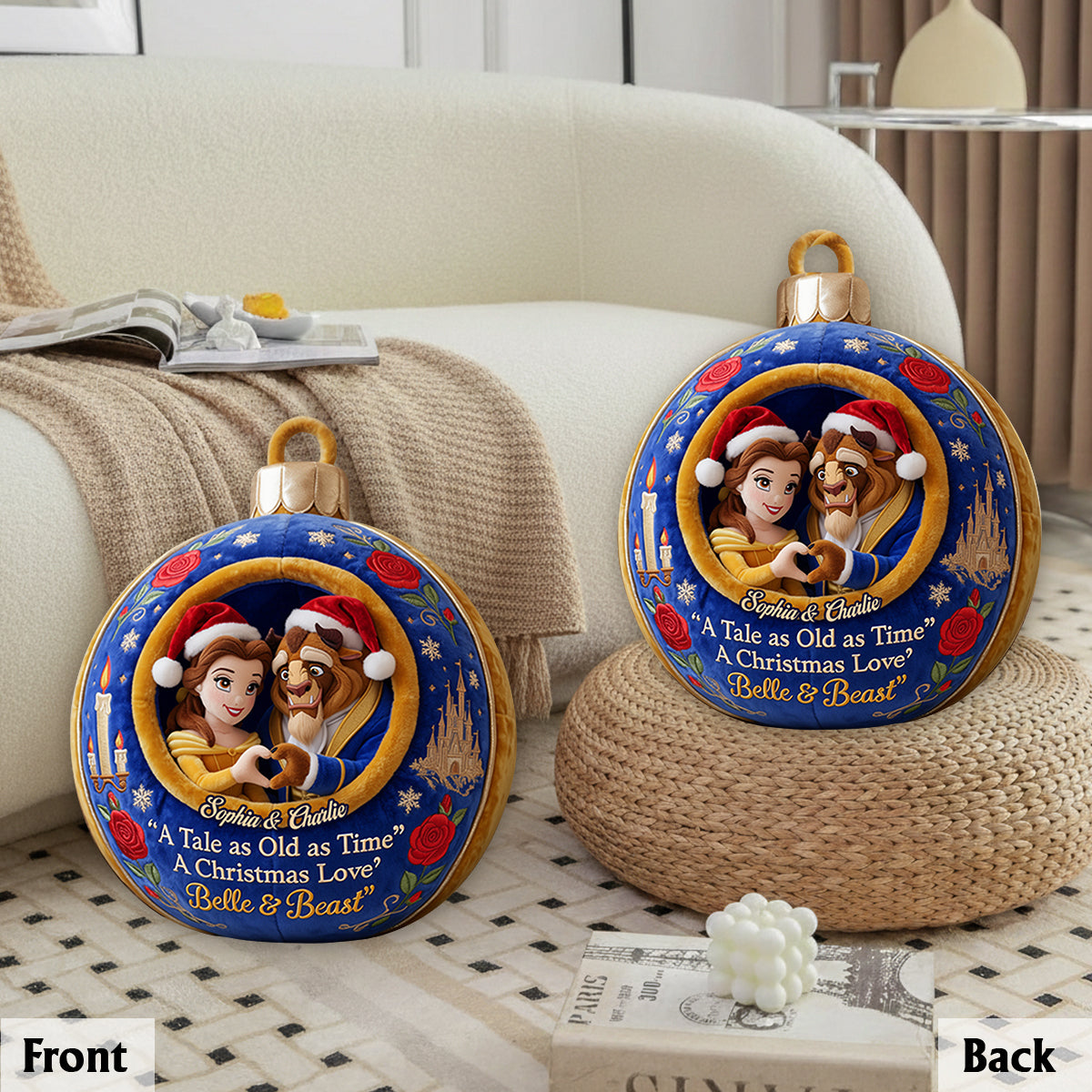 Merry Christmas Couple Gift - Personalized Beauty And The Beast Premium Faux Fur Pillow