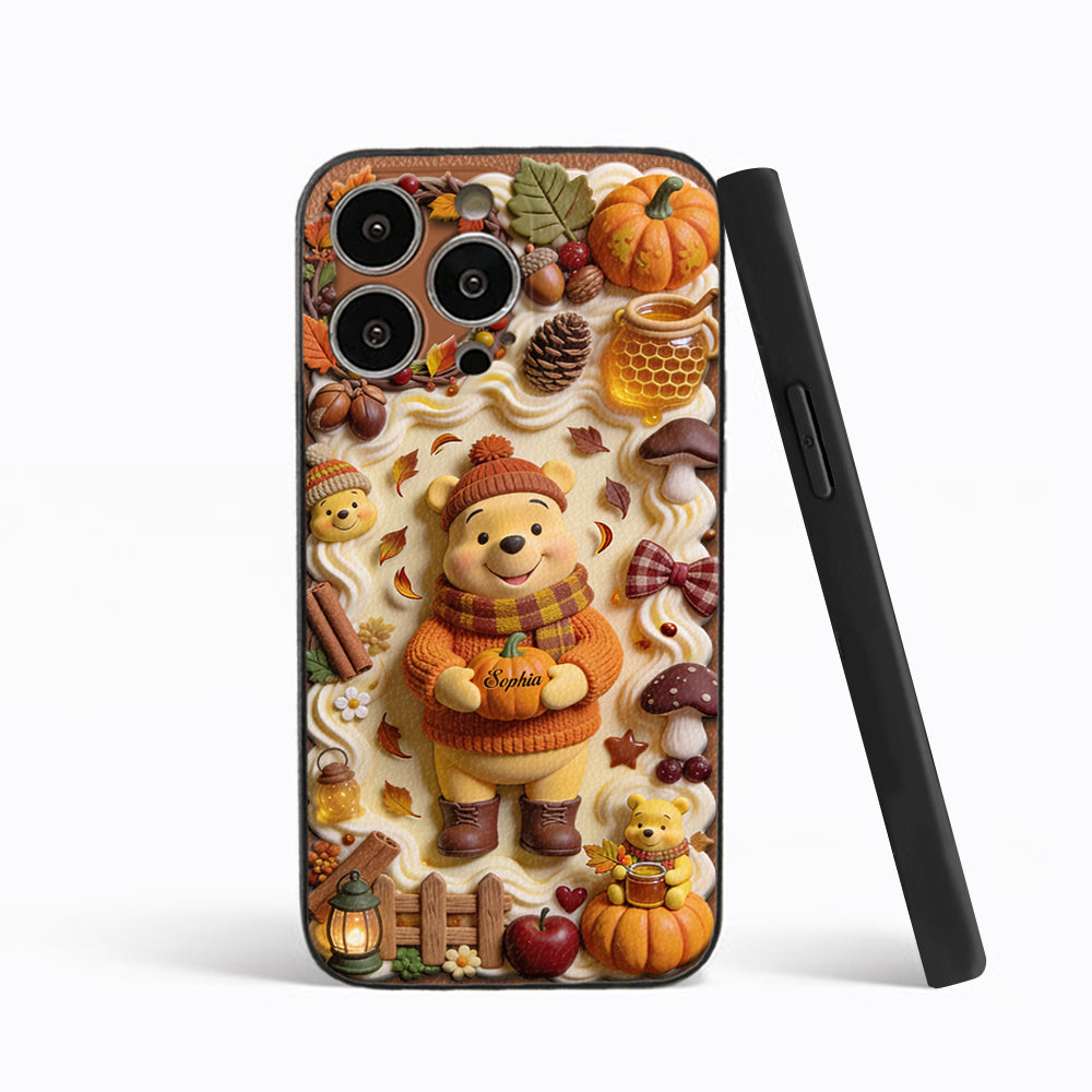 Cozy Vibe Cute Bear - Personalized Yellow Bear 3D Embossed Leather Phone Case