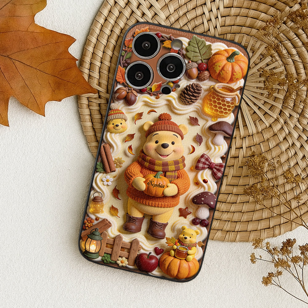 Cozy Vibe Cute Bear - Personalized Yellow Bear 3D Embossed Leather Phone Case