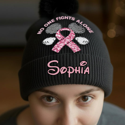No One Fights Alone - Personalized Breast Cancer Awareness Beanie Hat