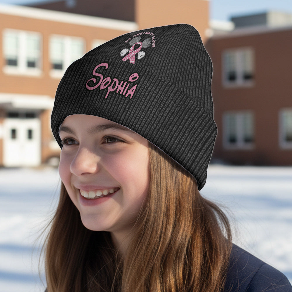 No One Fights Alone - Personalized Breast Cancer Awareness Beanie Hat