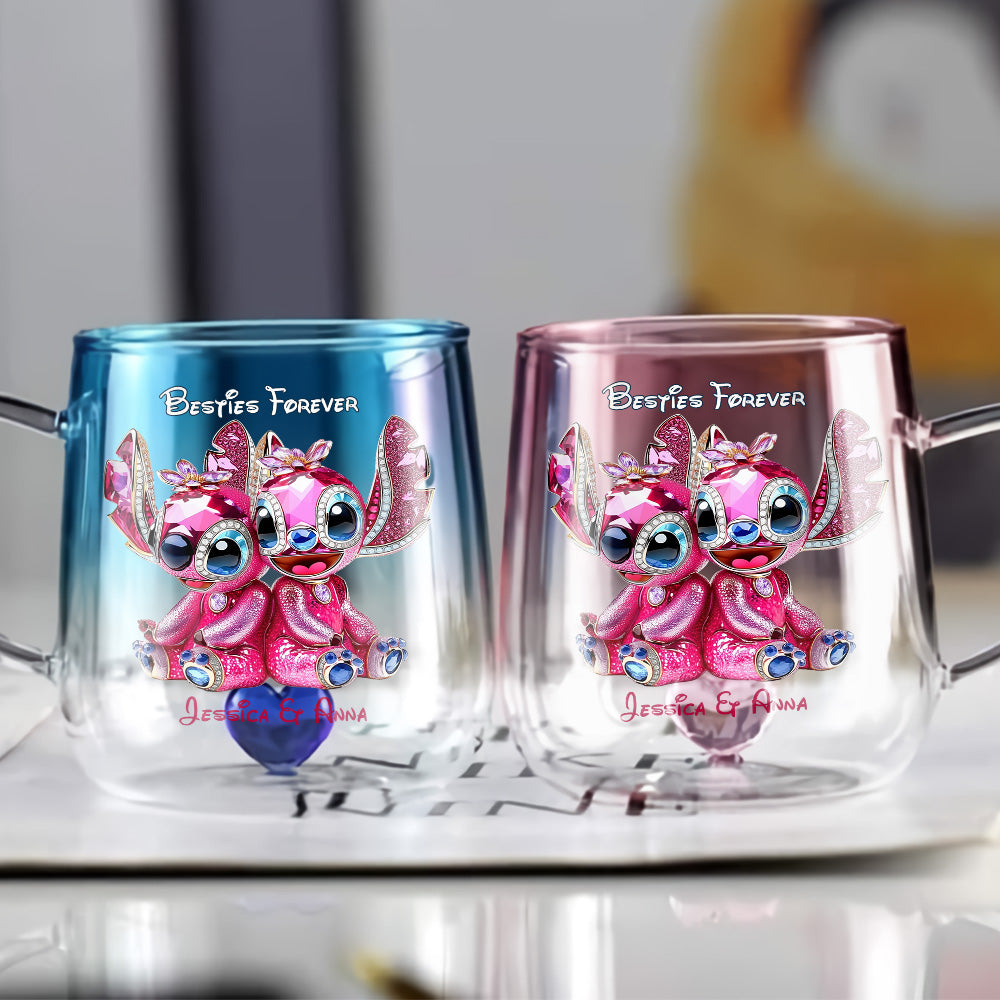 Pink Monster Friends Besties Forever - Personalized Ohana Gradient Glass Mug