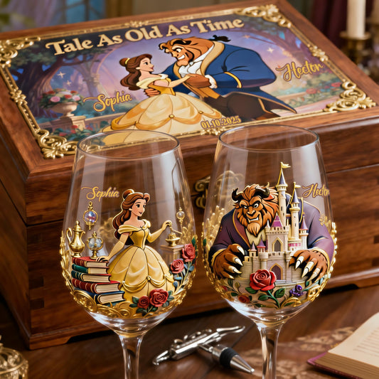 Tale As Old As Time - Personalized Beauty And The Beast Wine Glasses Set With Wooden Box