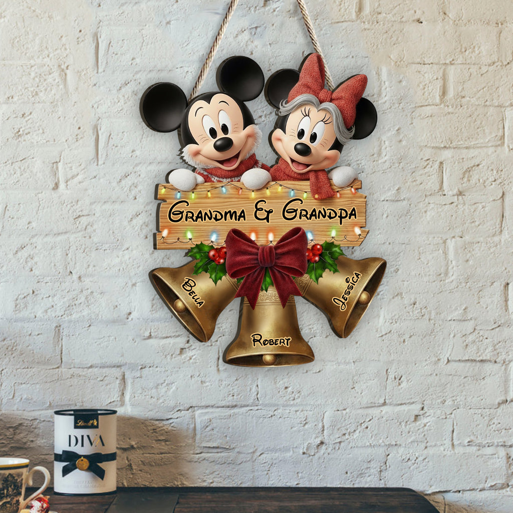 Christmas Bells Wood Sign For Grandparents - Personalized Mouse Custom Shaped Wood Sign