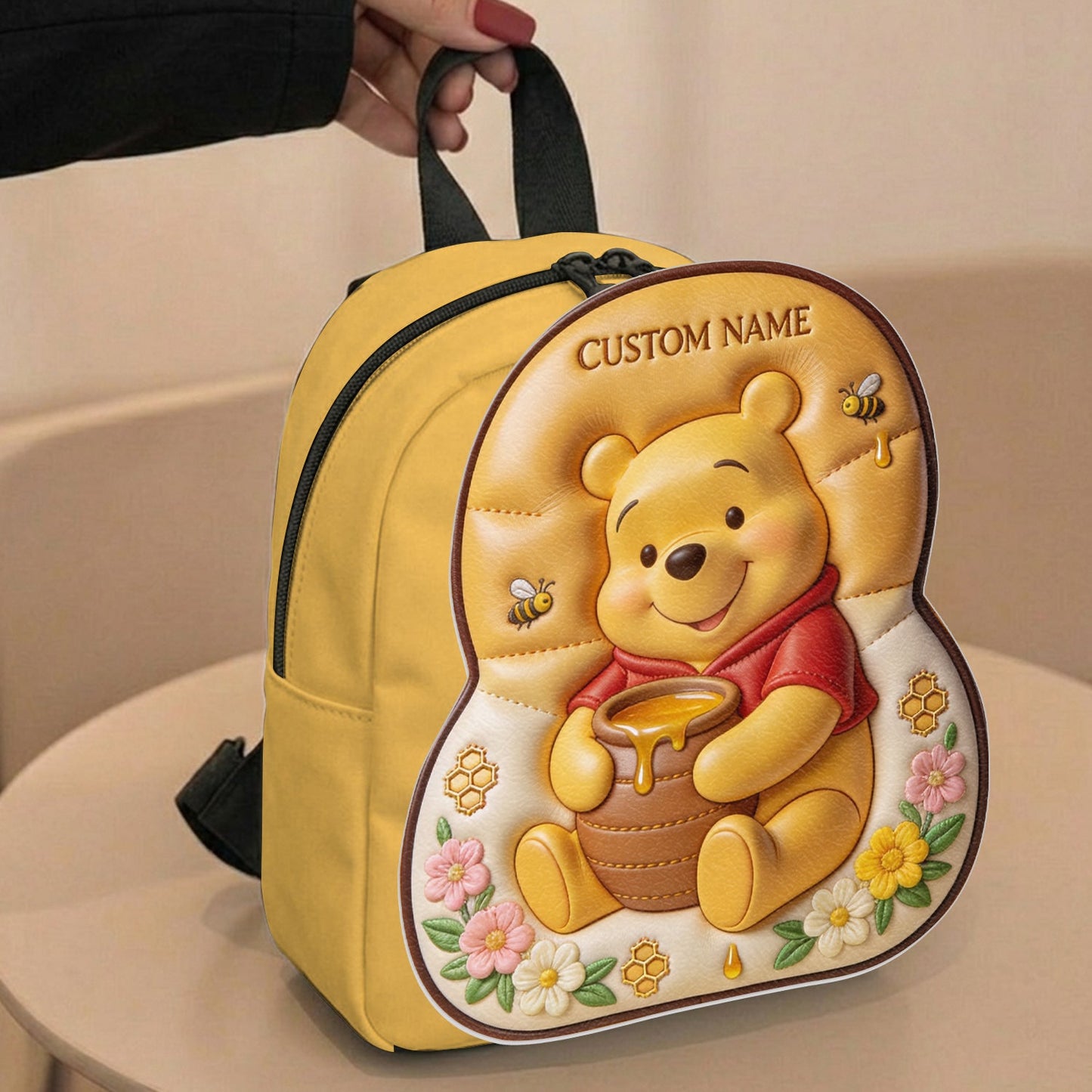 Bear, Honey And Flower - Personalized Yellow Bear Changeable Leather Patch Backpack