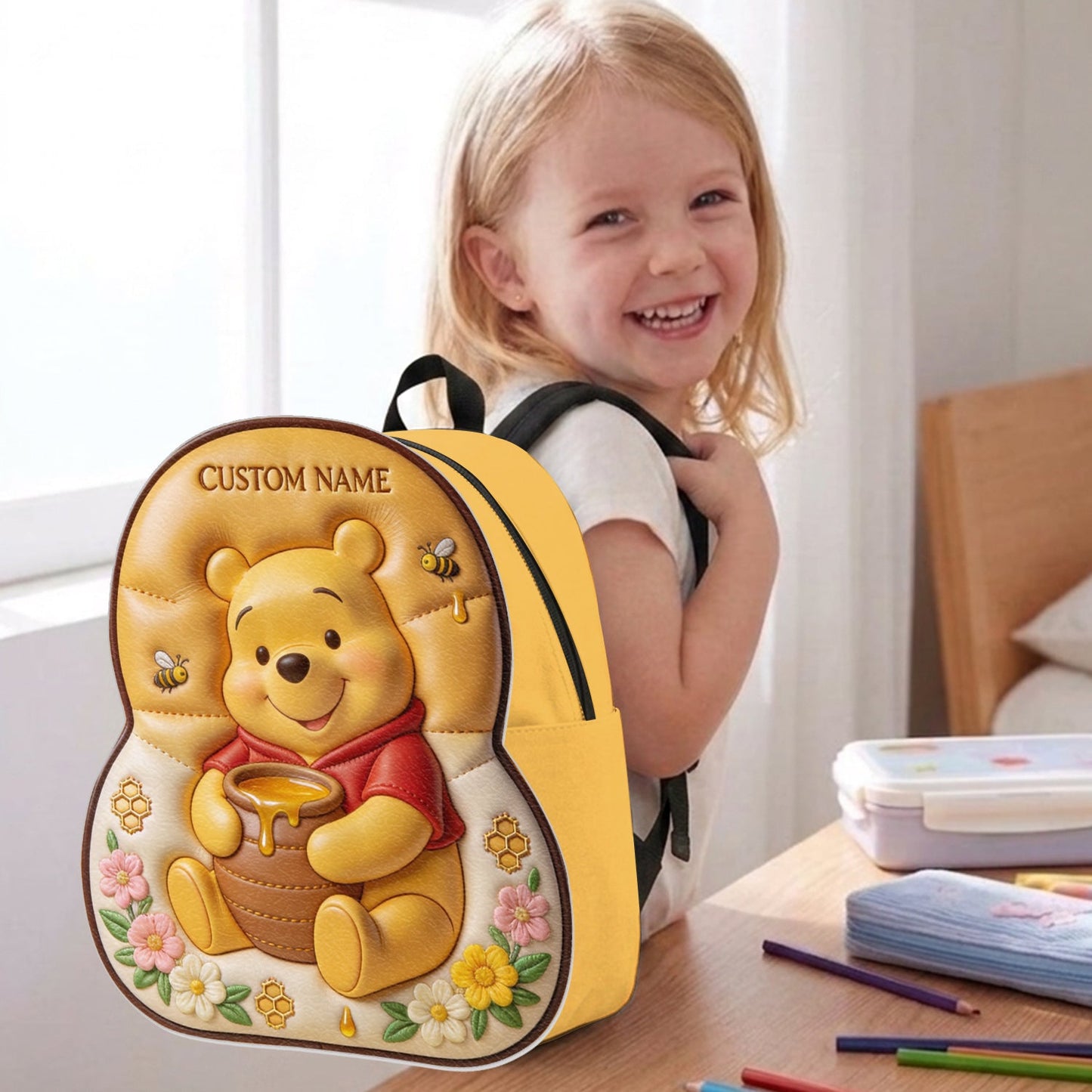 Bear, Honey And Flower - Personalized Yellow Bear Changeable Leather Patch Backpack