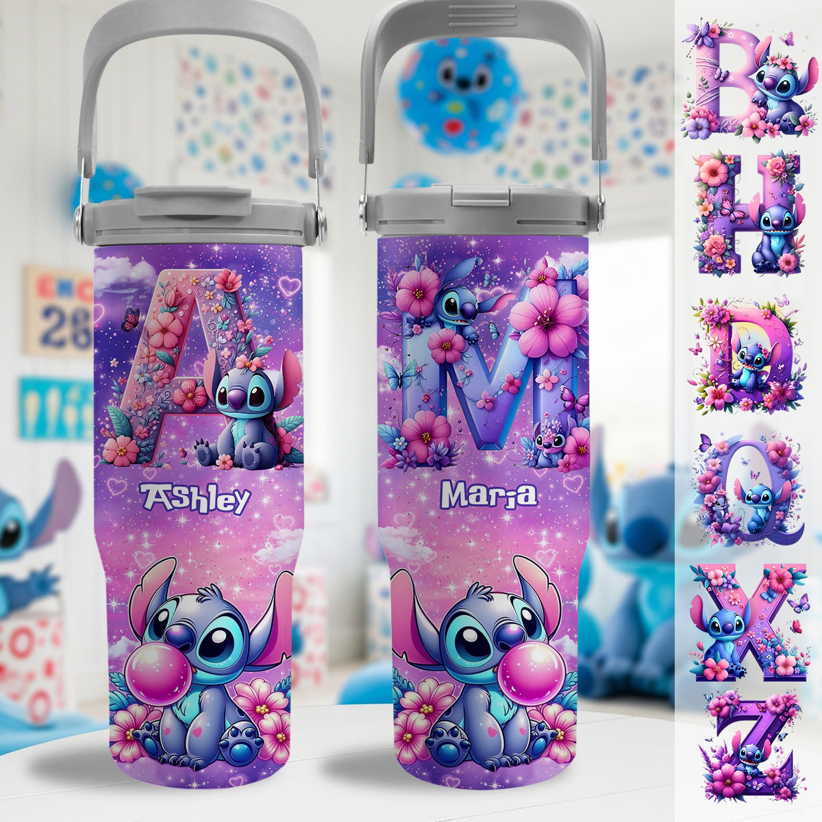 Blue Ohana Alphabet Letter Custom Name - Personalized Ohana Tumbler With Grip Handle