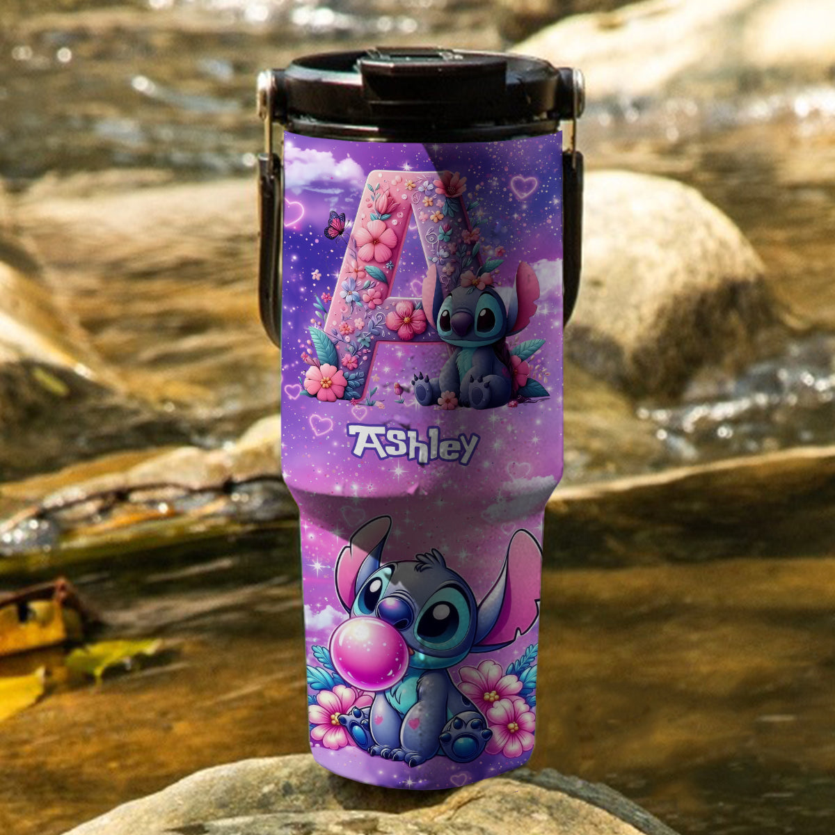 Blue Ohana Alphabet Letter Custom Name - Personalized Ohana Tumbler With Grip Handle